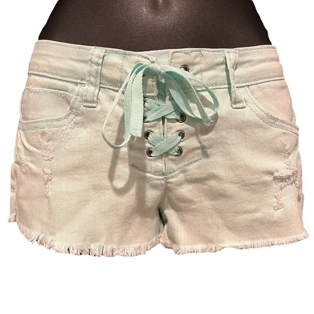 Ocean Drive Seafoam Green Distressed Lace-Up Jean Shorts Women’s 0